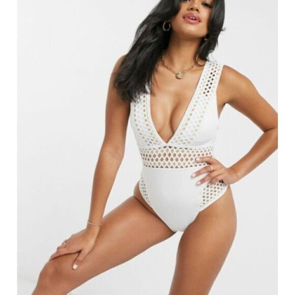 New River Island Resort Size US10 Elastic Plunge Metallic One-Piece Swimsuit